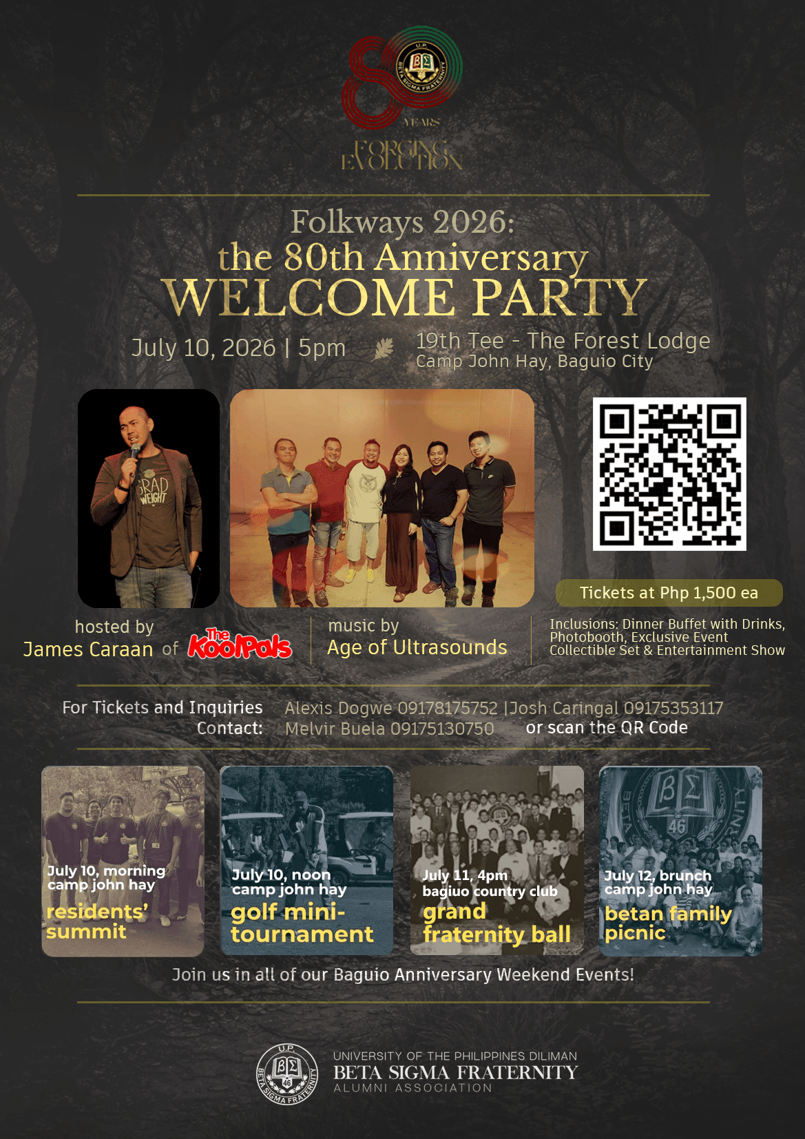 Folkways 2026: the 80th Anniversary Welcome Party — July 10, 2026, 5pm at the 19th Tee, The Forest Lodge, Camp John Hay. Hosted by James Caraan of The KoolPals; music by Age of Ultrasounds.