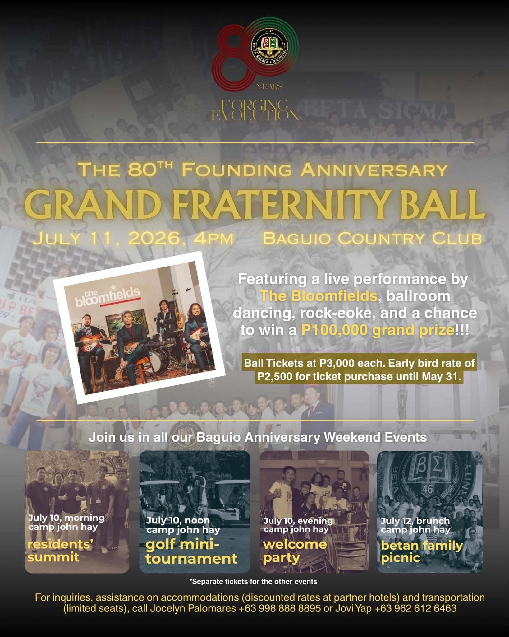 The 80th Founding Anniversary Grand Fraternity Ball — July 11, 2026, Baguio Country Club. Featuring The Bloomfields, with the full Baguio Anniversary Weekend program.