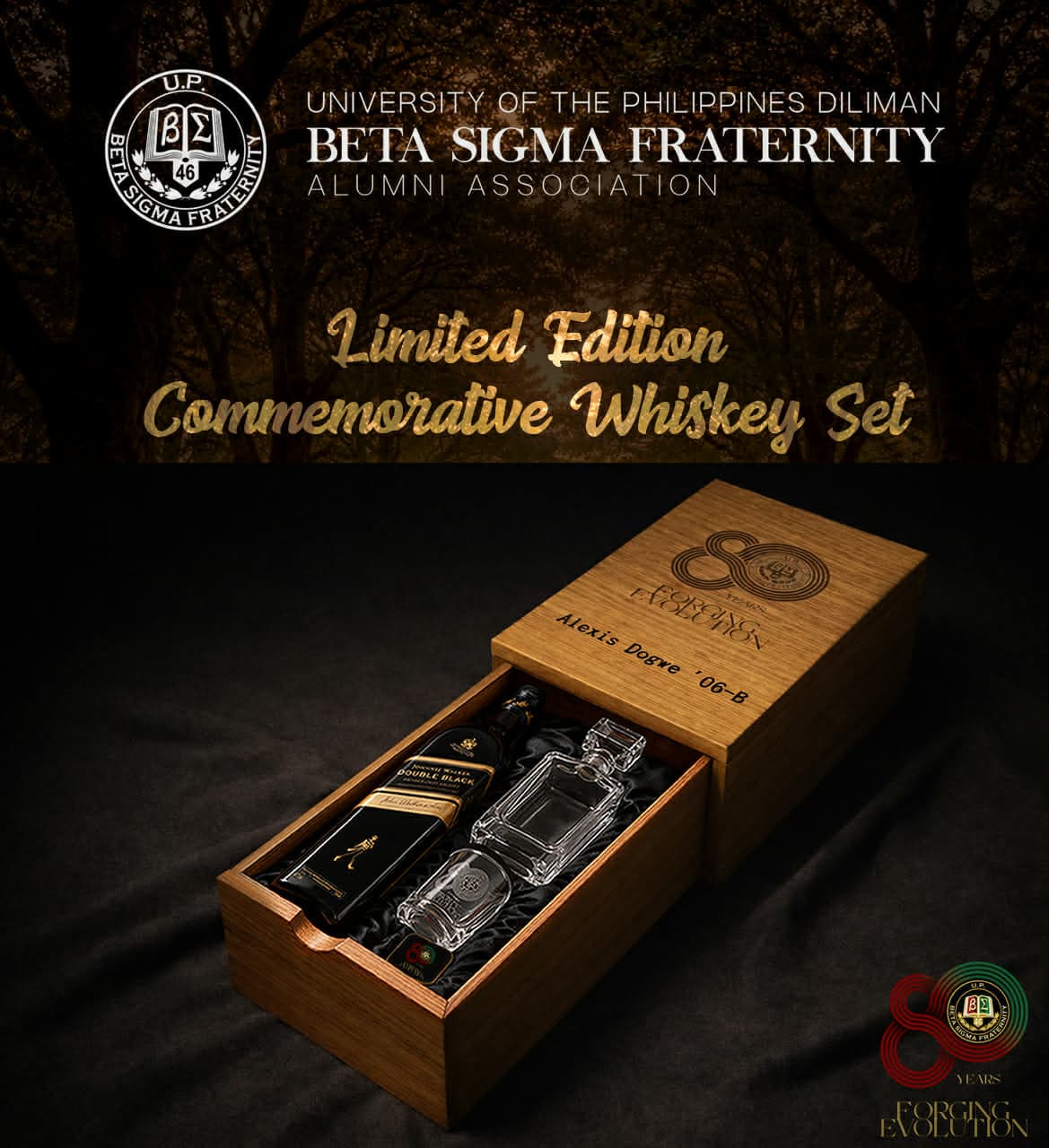 Limited Edition 80th Anniversary Commemorative Whiskey Set — engraved wooden box with whiskey bottle, decanter, and glassware